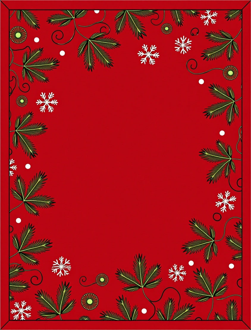 Festive Red Green Leaf Snowfall Frame Rug