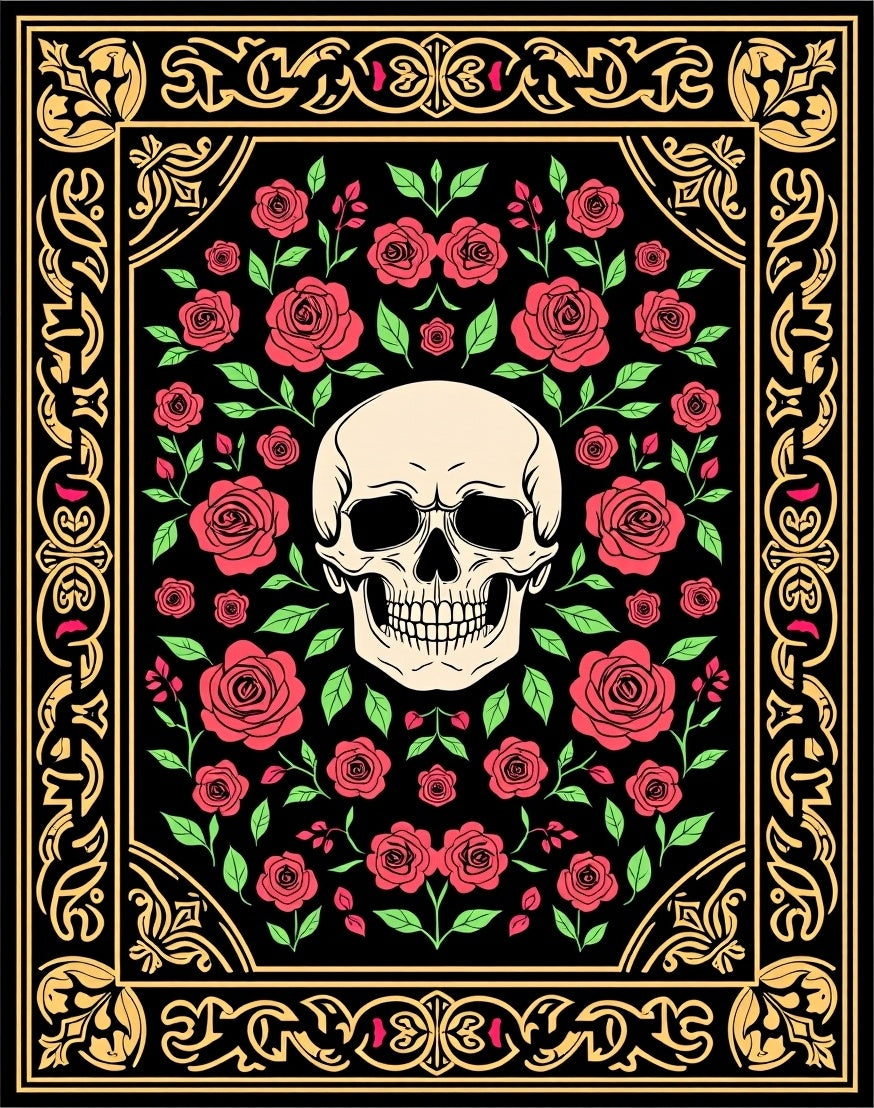 Gothic Skull Red Roses Black Frame Rug