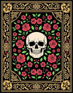 Gothic Skull Red Roses Black Frame Rug