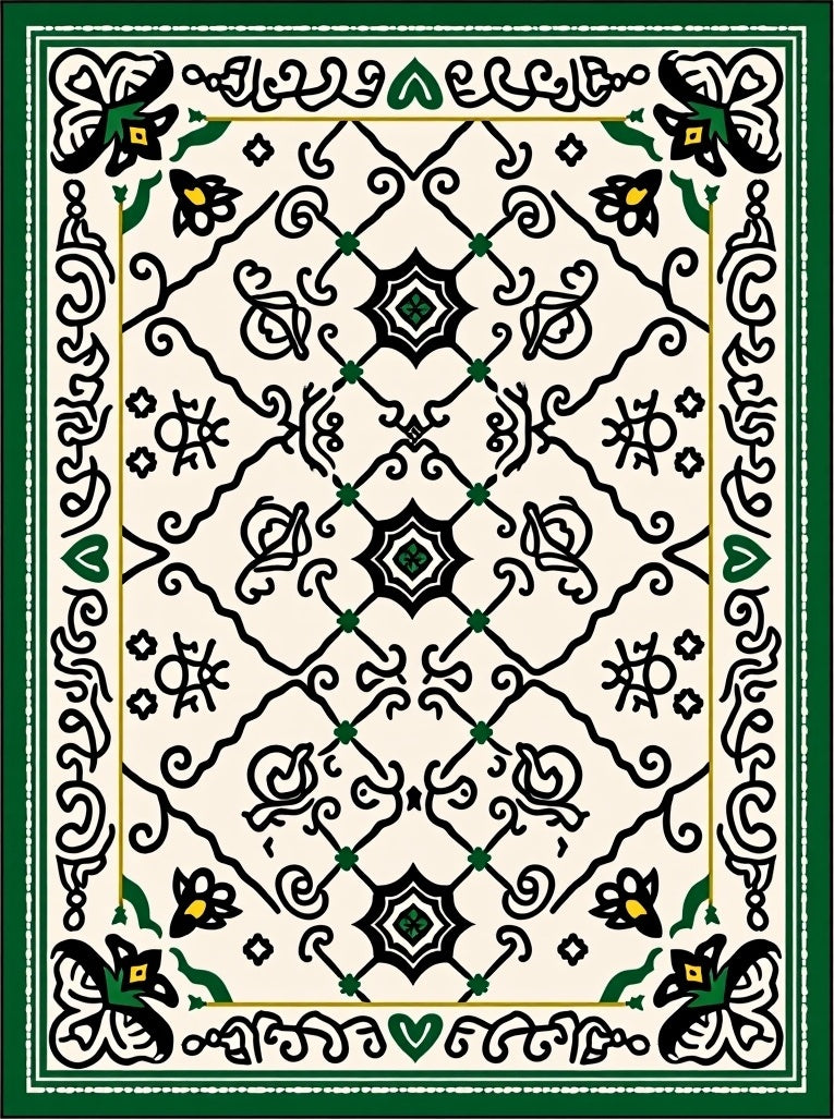 Bold Black Green Ivory Lattice Rug