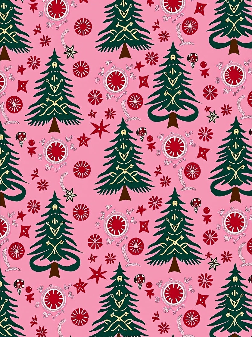 Pink Evergreen Trees and Ornaments Rug