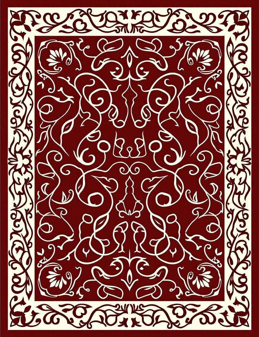 Rich Crimson Intricate Floral Border Rug