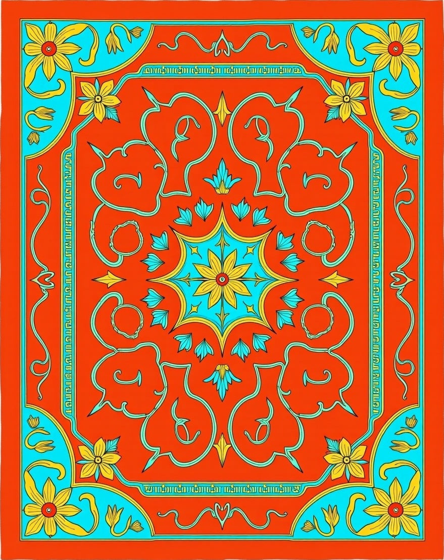 Coral Aqua Yellow Floral Medallion Rug