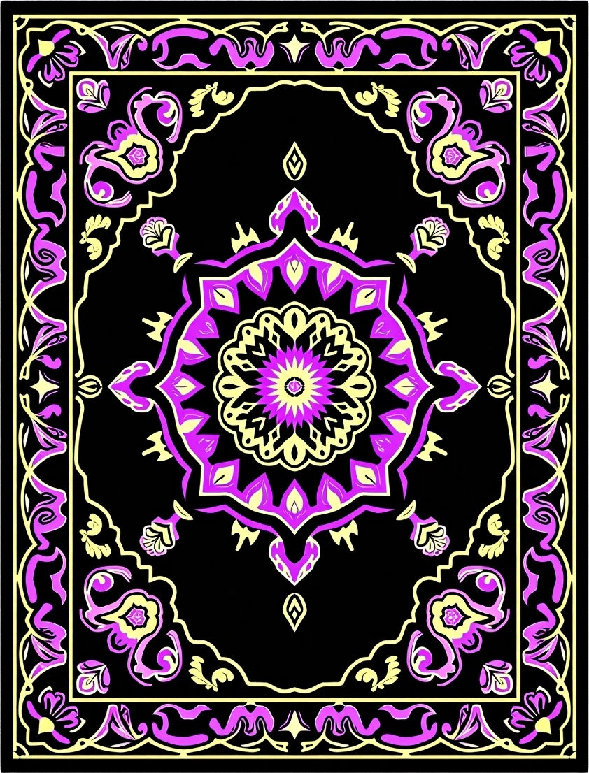 Bold Black Magenta Floral Medallion Rug