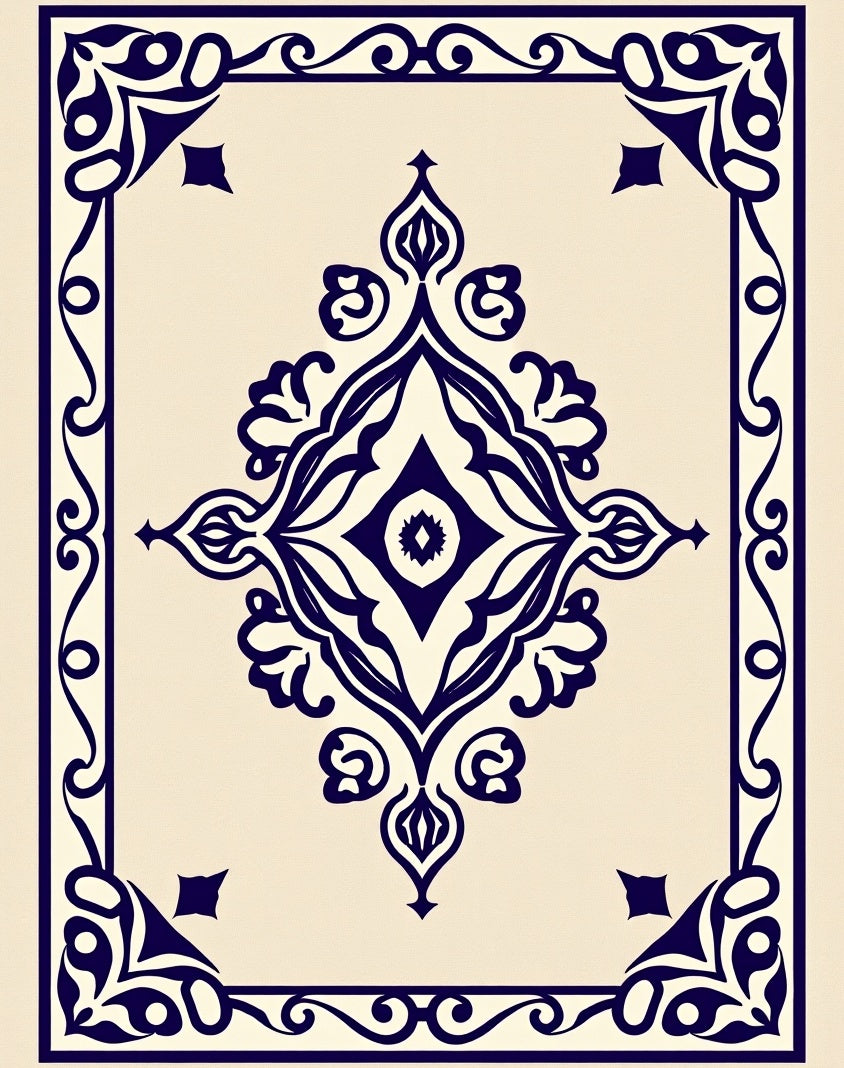 Navy Blue Cream Floral Medallion Frame Rug