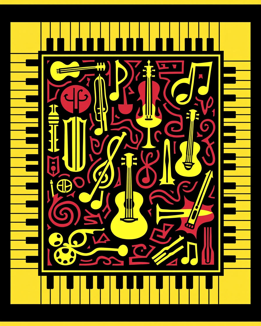 Retro Red Yellow Instrument Collage Rug