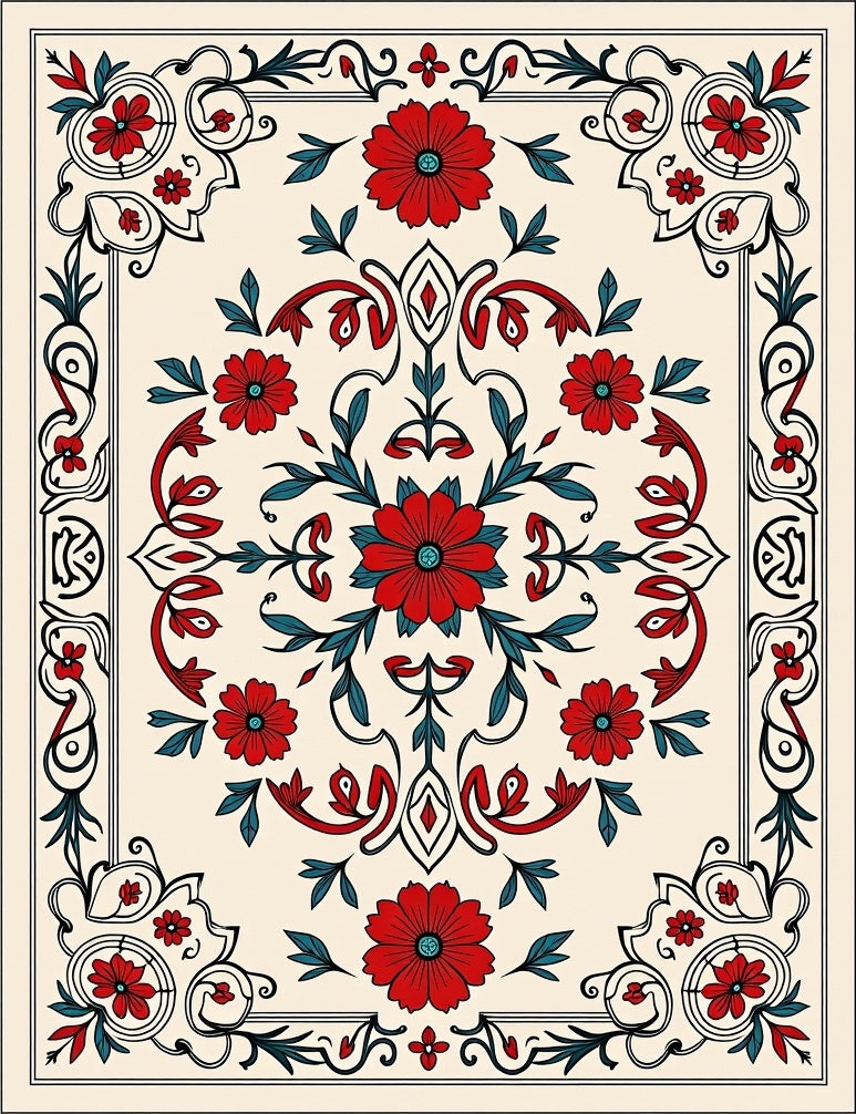 Crimson Red Floral Garden Medallion Rug