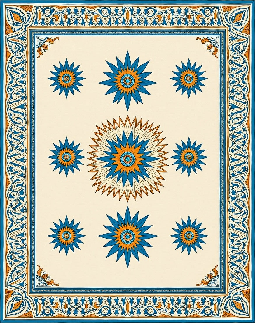 Orange Blue Starburst Floral Border Rug