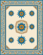 Orange Blue Starburst Floral Border Rug