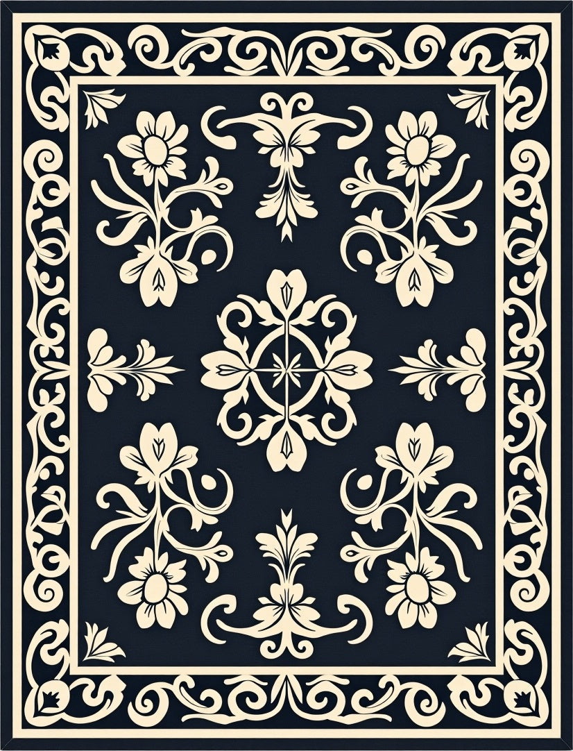 Cream Floral Medallion Navy Rug