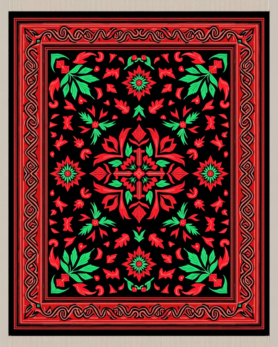 Vibrant Black Red Green Floral Rug