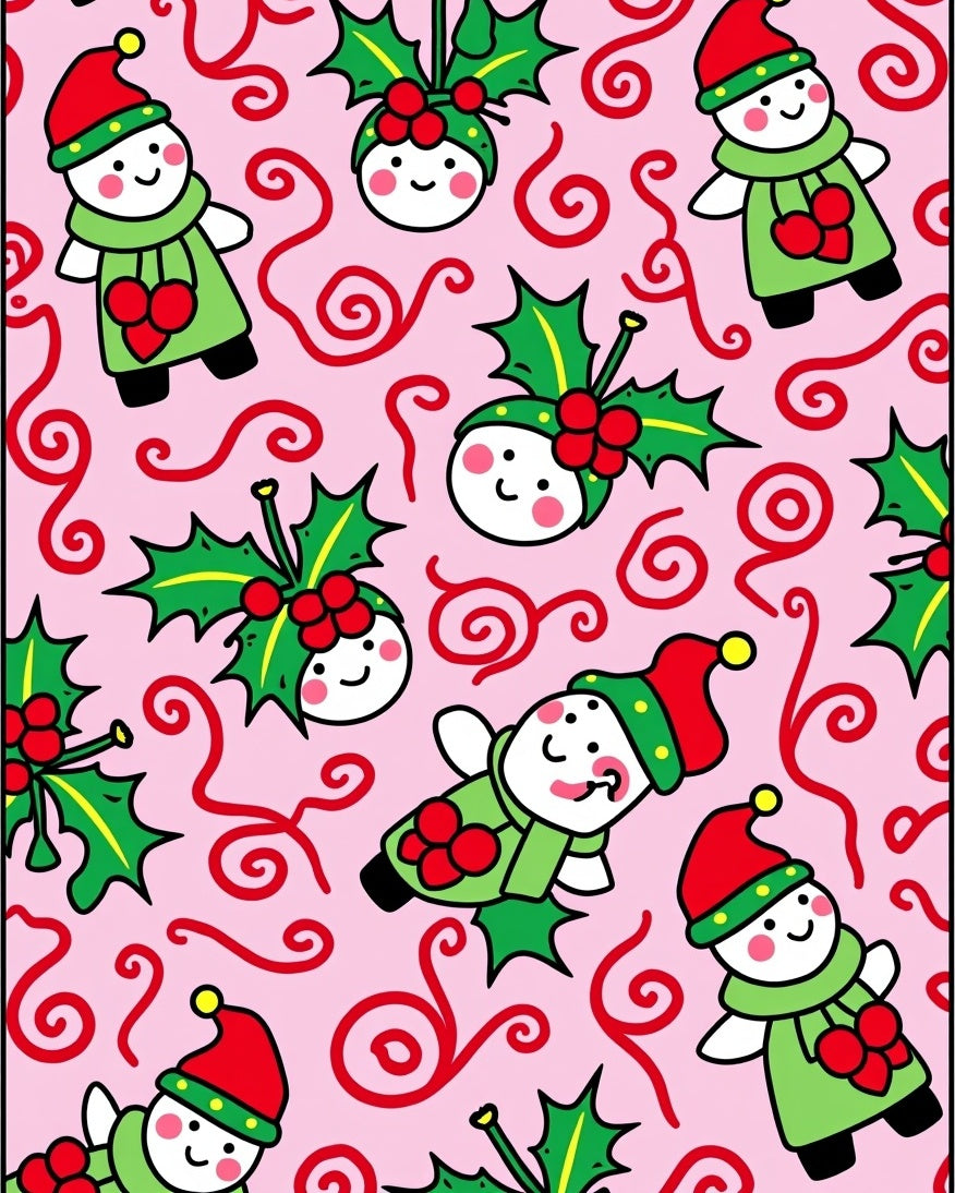 Pink Christmas Elves Holly Swirls Rug