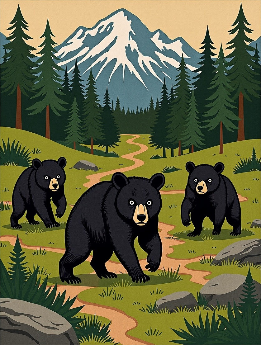 Woodland Bear Family Snowy Mountain Scene Rug