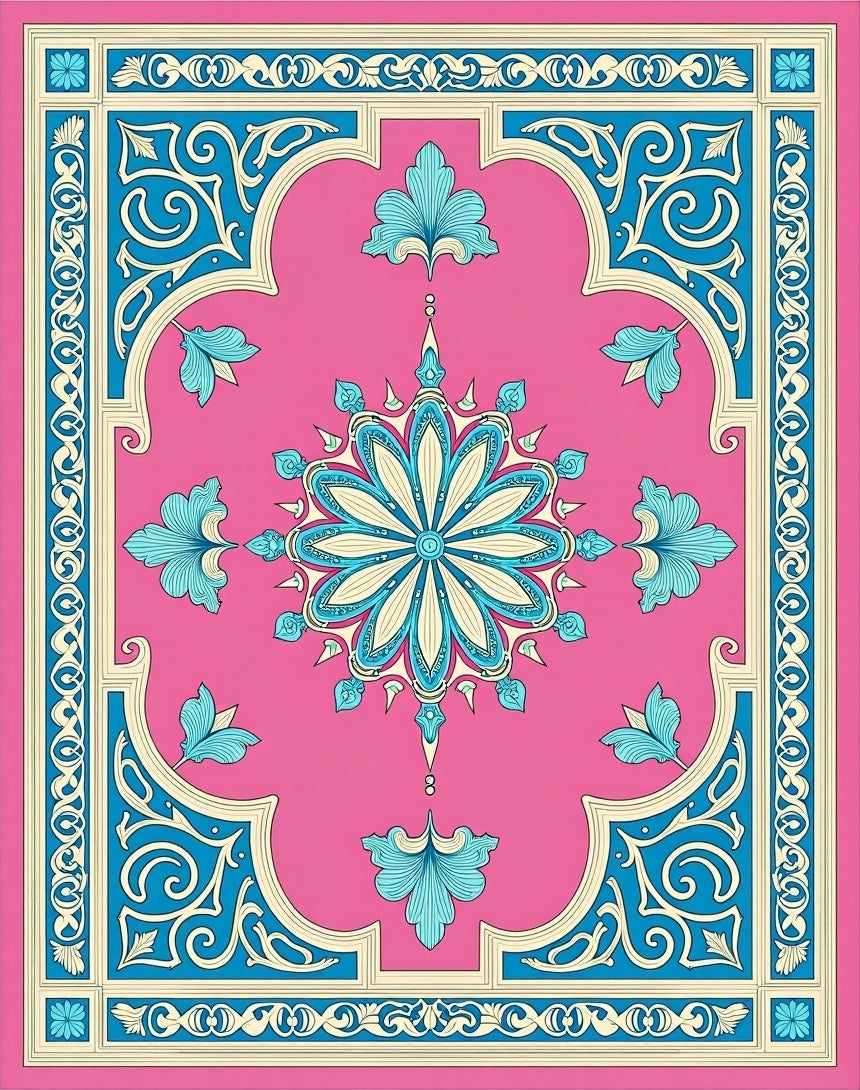 Floral Pink Blue Cream Medallion Rug