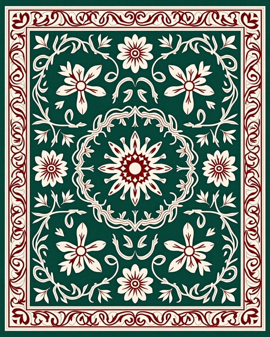 Deep Emerald Floral Vine Medallion Rug