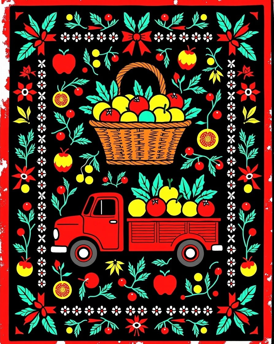Red Truck Harvest Fruit Floral Border Rug