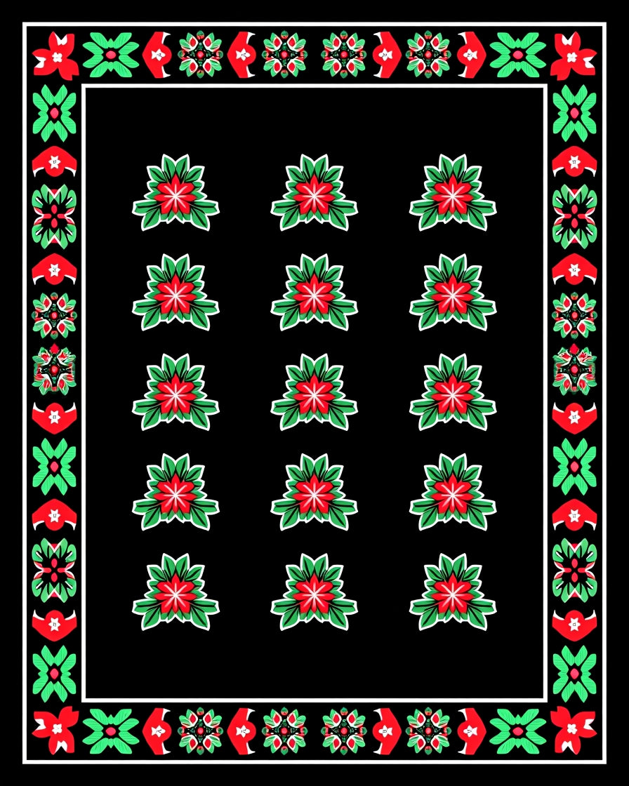 Red Floral Grid Black Rug