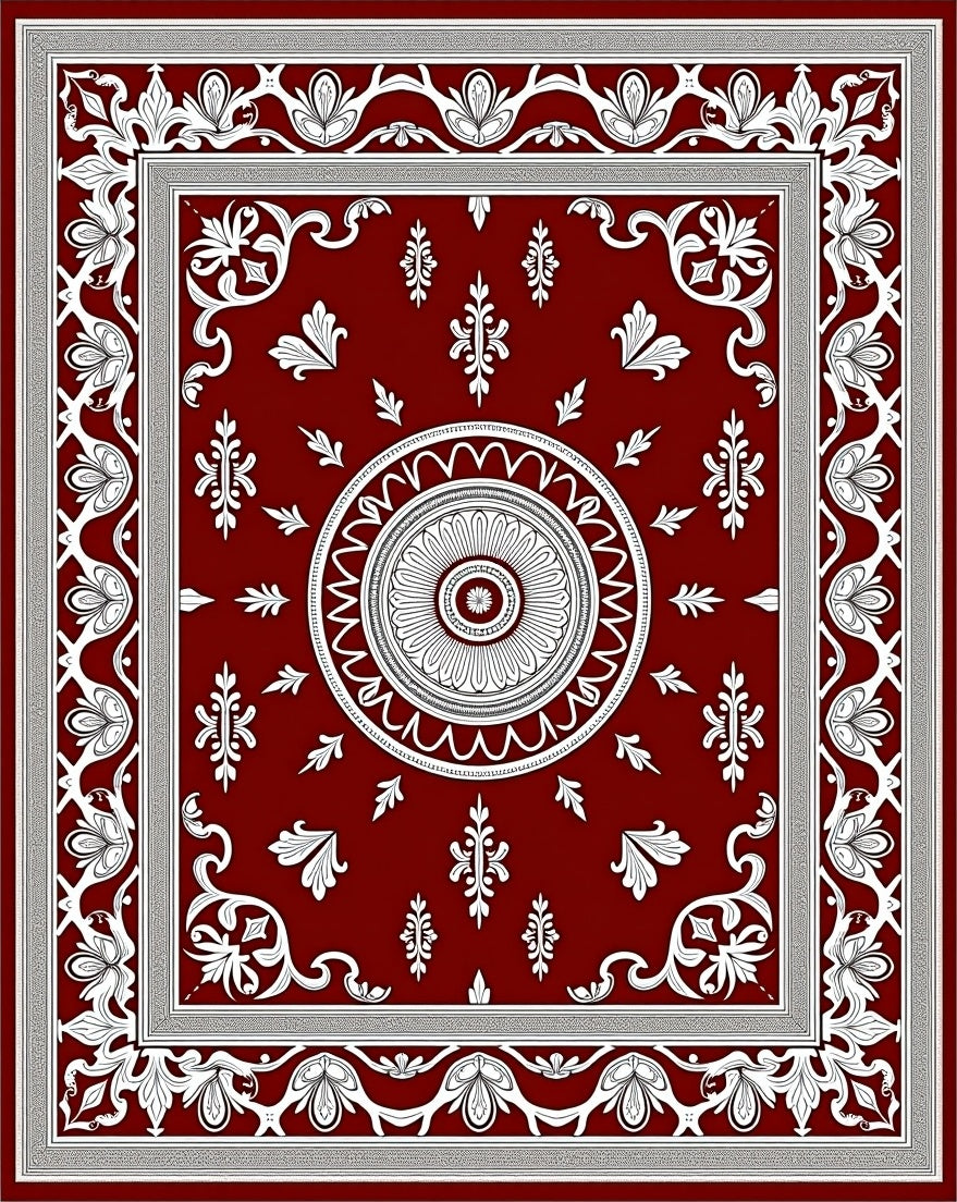 Crimson White Floral Mandala Border Rug