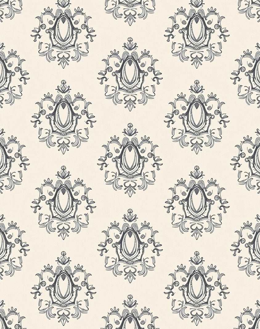 Cream and Charcoal Damask Oval Accents Rug