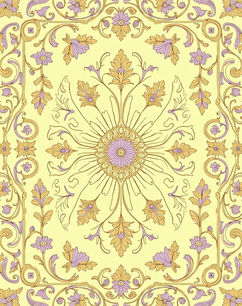 Pale Yellow Orchid Scrollwork Medallion Rug