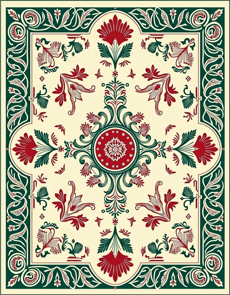 Crimson Green Floral Scrollwork Medallion Rug