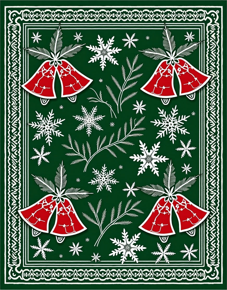 Festive Red Bell Snowflakes Border Rug