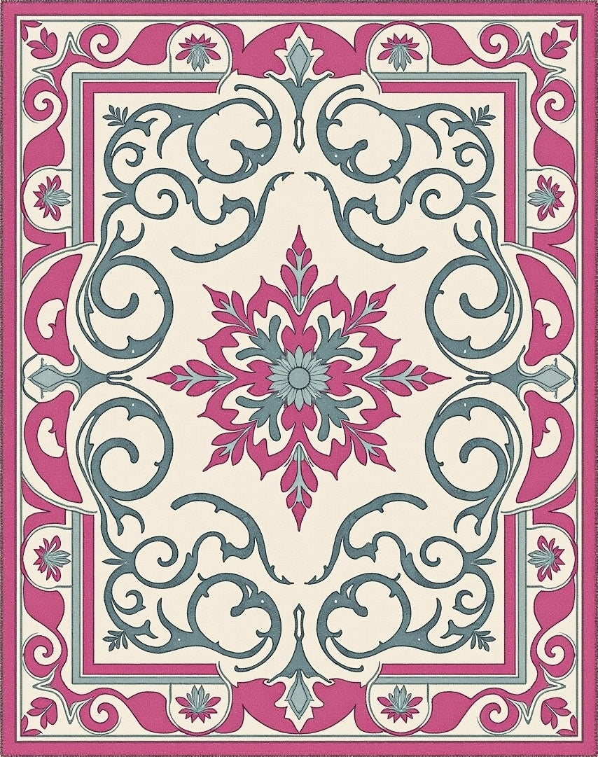 Crimson Teal Floral Scrollwork Medallion Rug