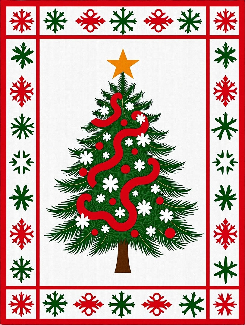 Green Christmas Tree Red Snowflake Border Rug