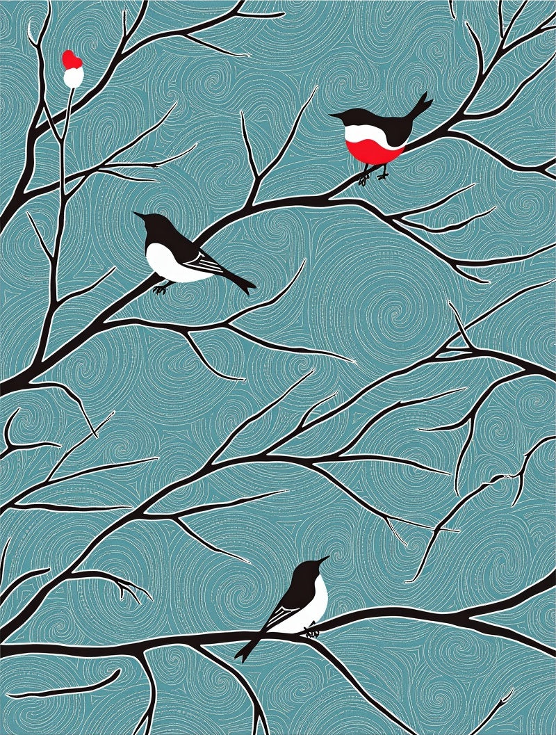 Teal Swirl Birds on Branches Rug