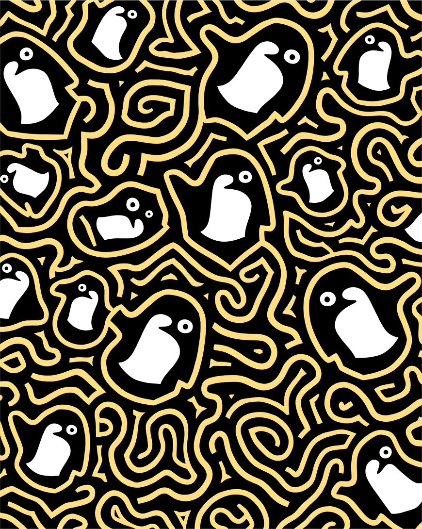 Whimsical Penguin Swirls Black Gold Rug
