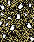 Whimsical Penguin Swirls Black Gold Rug