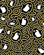 Whimsical Penguin Swirls Black Gold Rug
