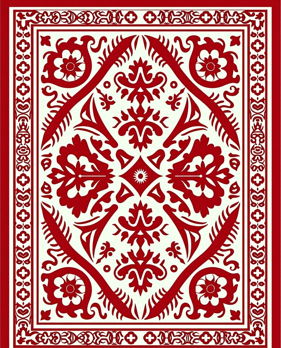 Deep Red Floral Symmetry Area Rug