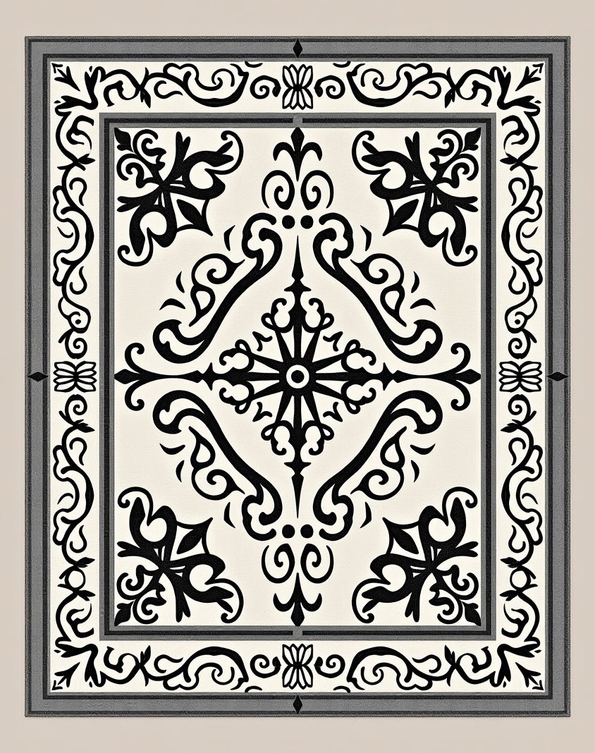 Classic Black White Scroll Medallion Rug