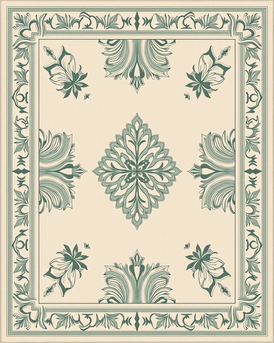 Cream Green Floral Medallion Border Rug