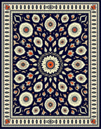 Navy Coral Floral Sunburst Medallion Rug