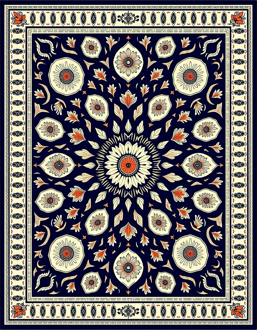 Navy Coral Floral Sunburst Medallion Rug