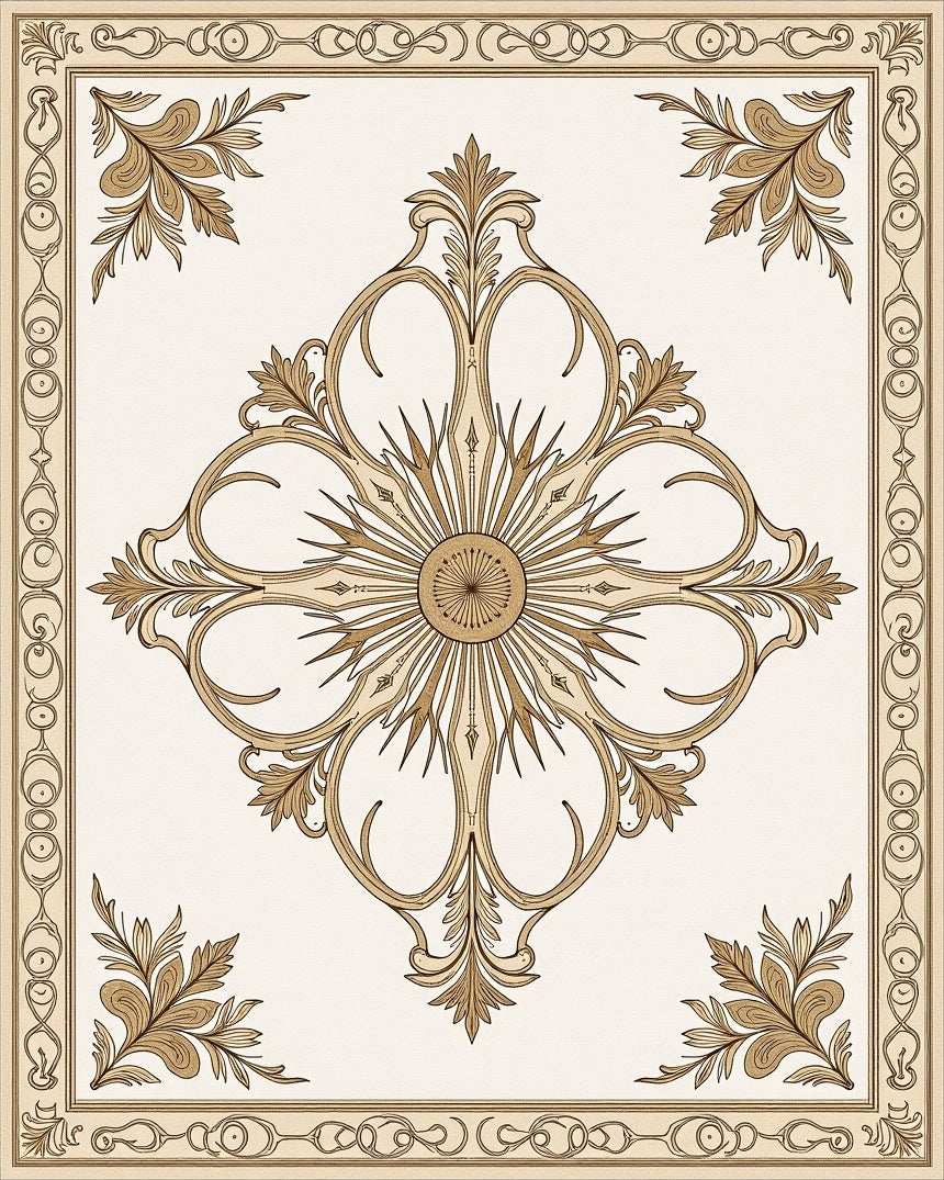 Ornate Beige Floral Medallion Frame Rug
