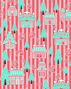 Whimsical Pink Turquoise Village Scene Rug