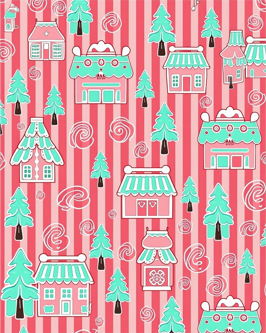Whimsical Pink Turquoise Village Scene Rug