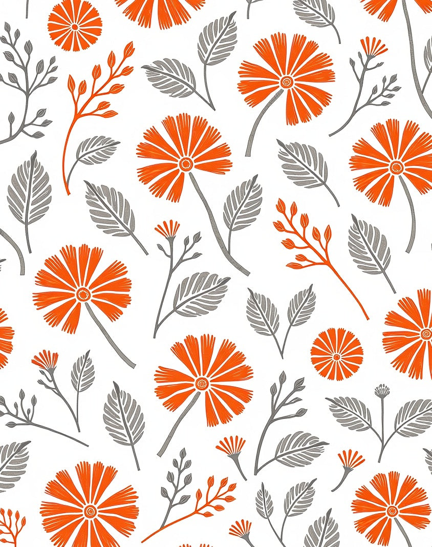 Bright Orange Floral Branches Gray Leaves Rug