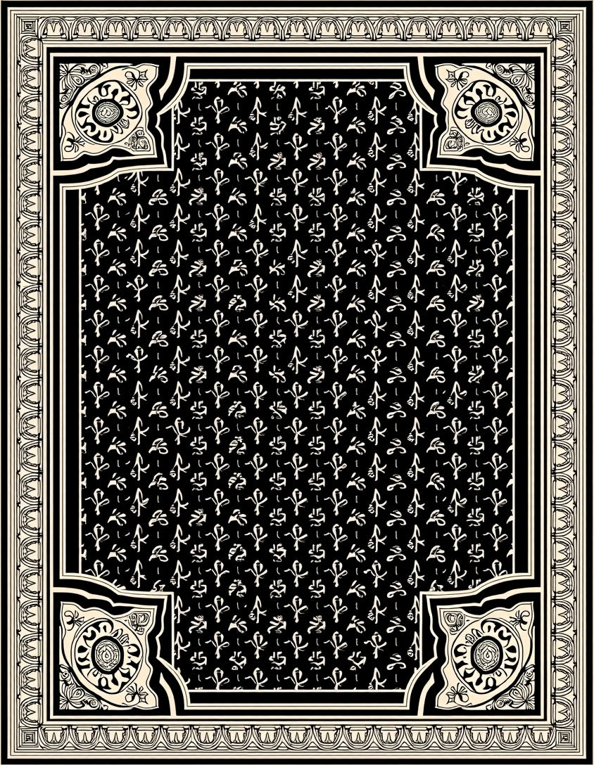 Black and Cream Fleur de Lis Scroll Rug