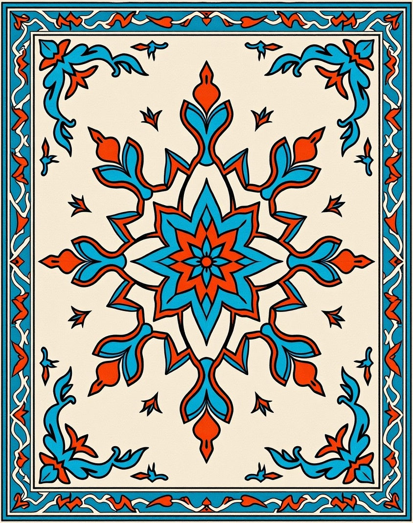 Aqua Coral Floral Medallion Border Rug