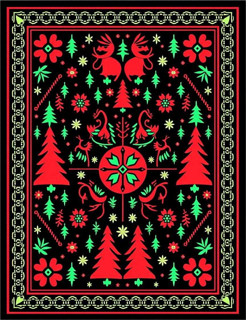 Bold Red Green Folk Art Trees Rug