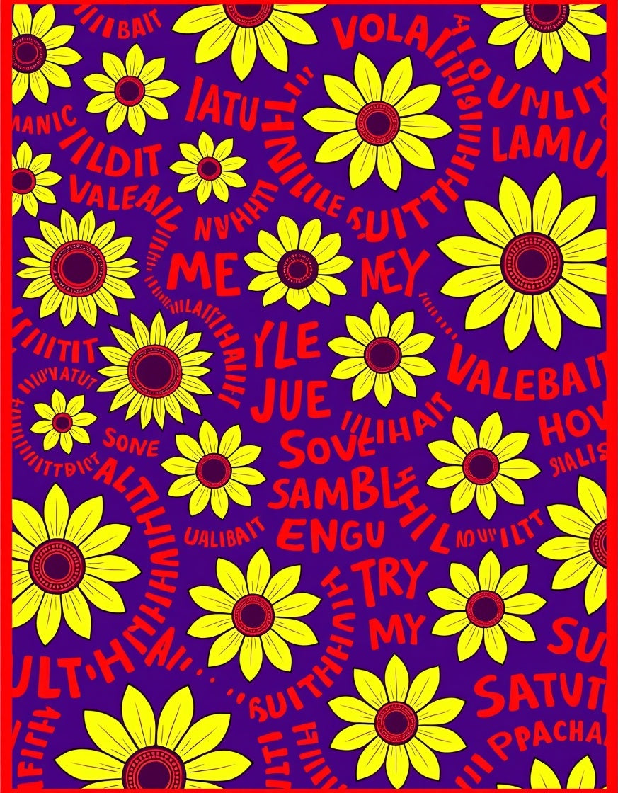 Vibrant Yellow Floral Crimson Text Rug