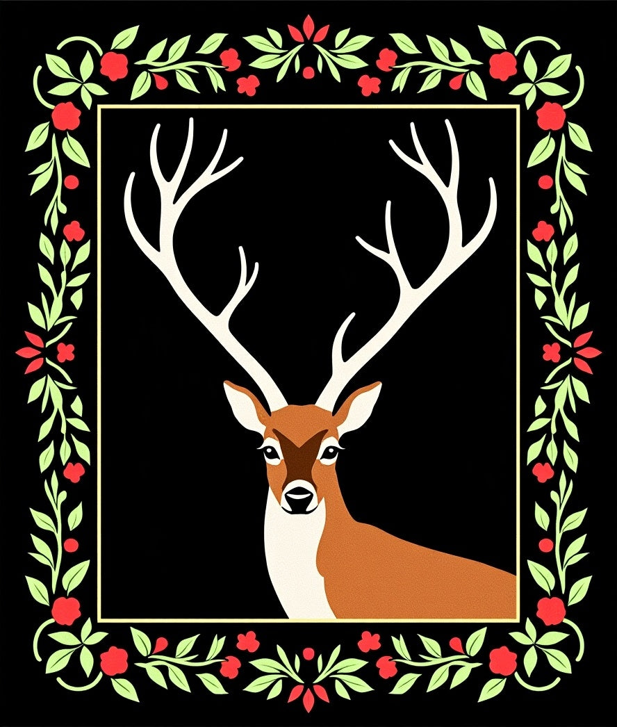 Elegant Deer And Floral Border Rug