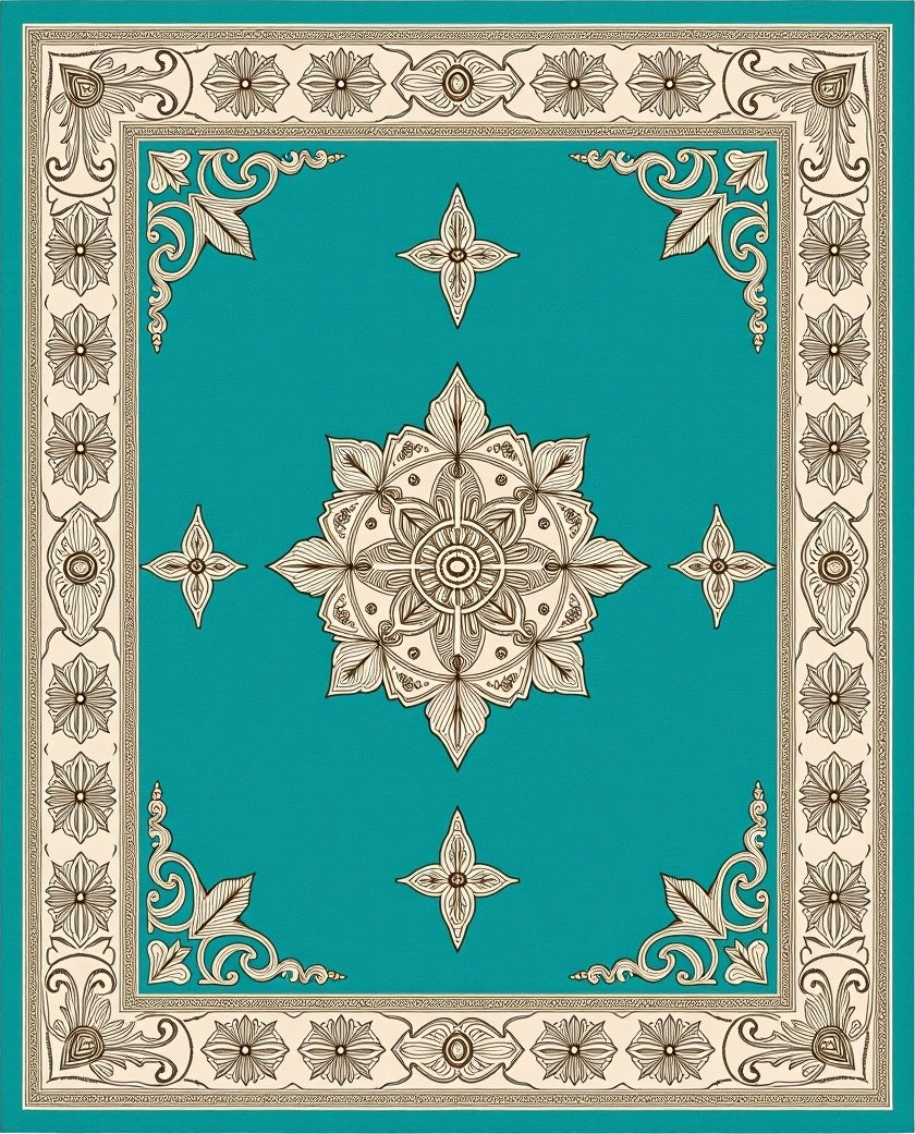Teal Medallion Floral Border Rug