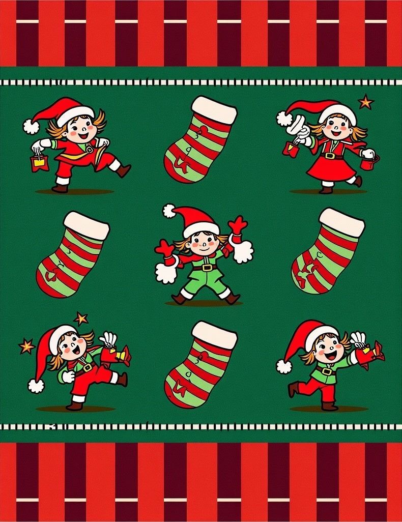 Christmas Elves Striped Stockings Medley Rug