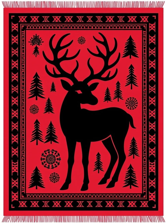 Bold Red Forest Deer Motif Rug