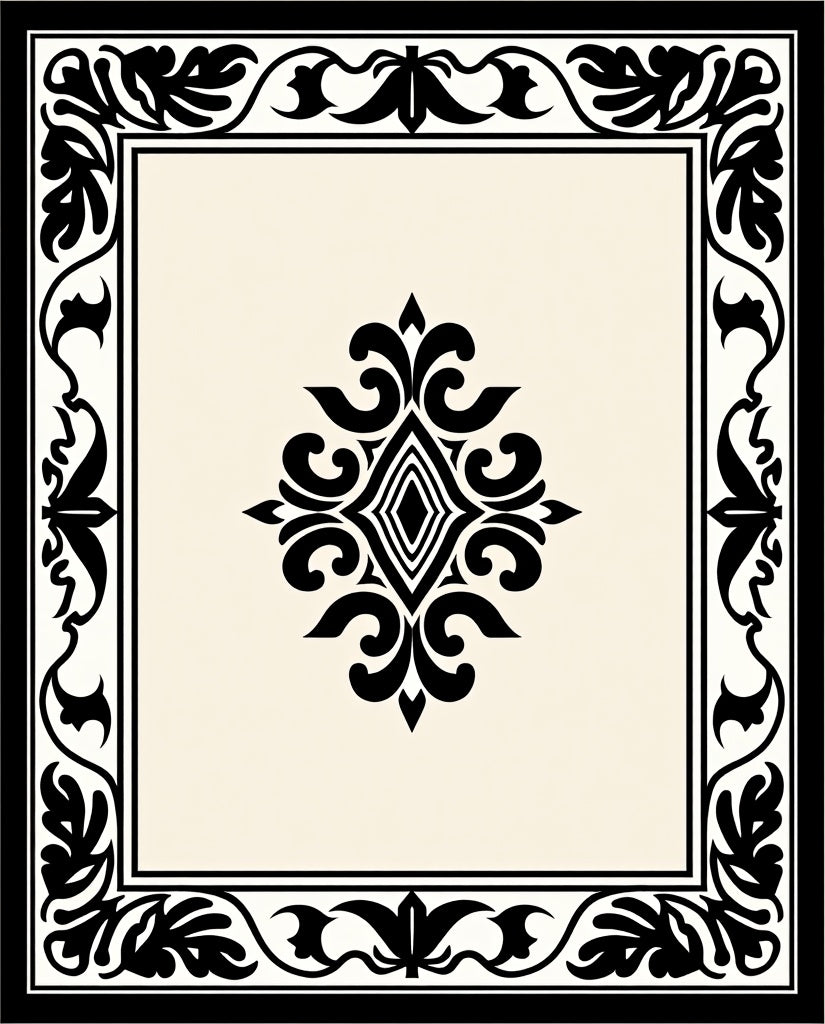 Classic Black and Cream Floral Centerpiece Rug